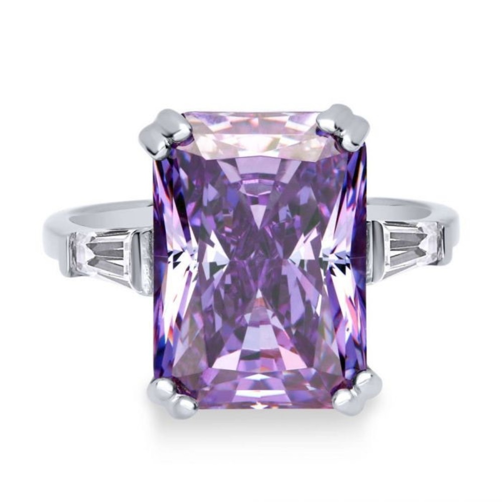 Sterling Silver Radiant Purple CZ 3-Stone Ring